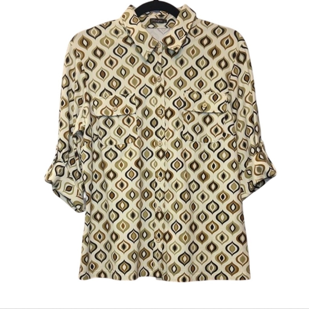 J Mclaughlin Women’s 70s Retro Diamond Pattern Button-Down Blouse Top — LARGE